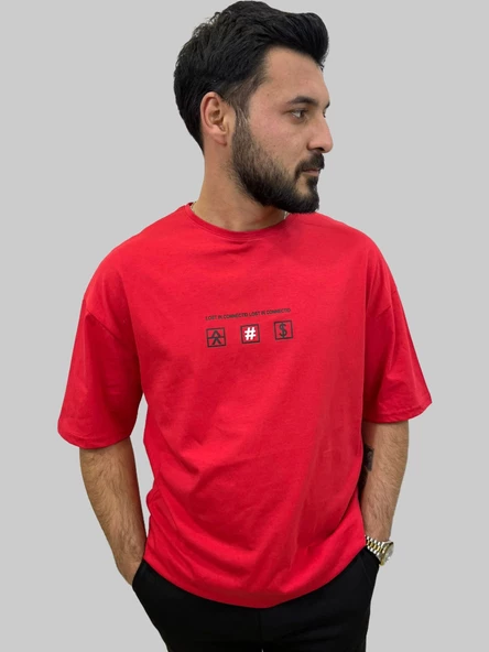 Erkek Lost Oversize Bisiklet Yaka Kırmızı Tişört - 3