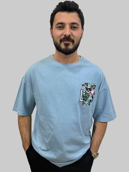 Erkek Hey Oversize Bisiklet Yaka Gök Mavisi Tişört