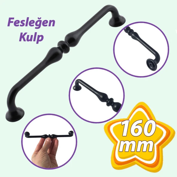 Fesleğen Kulp 160 mm Siyah Mutfak Kulpu Çekmece Dolap Kapak Kulbu Metal  Mobilya Dolabı Kulpları