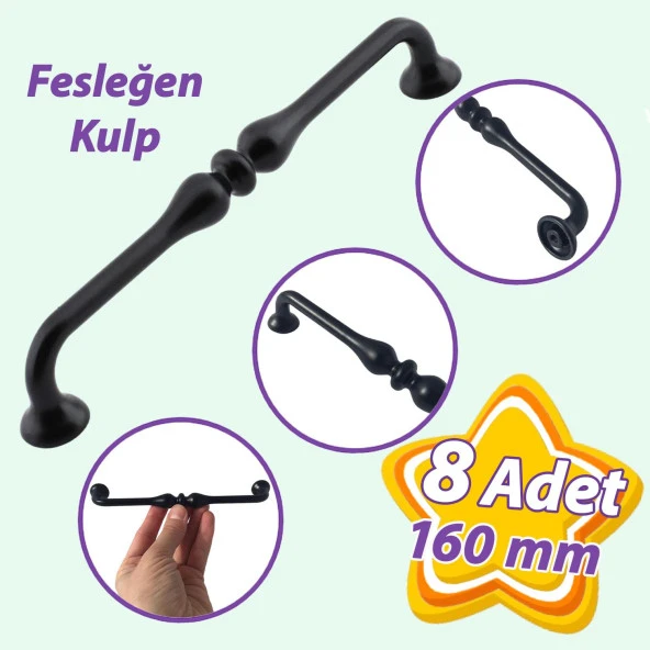 8 Adet Fesleğen Kulp 160 mm Siyah Mutfak Kulpu Çekmece Dolap Kapak Kulbu Metal  Mobilya Dolabı Kulpları
