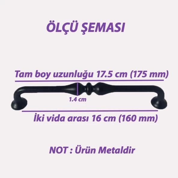 8 Adet Fesleğen Kulp 160 mm Siyah Mutfak Kulpu Çekmece Dolap Kapak Kulbu Metal  Mobilya Dolabı Kulpları - Resim 2