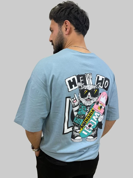 Erkek Hey Oversize Bisiklet Yaka Gök Mavisi Tişört - 5