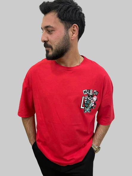 Erkek Hey Oversize Bisiklet Yaka Kırmızı Tişört - 4