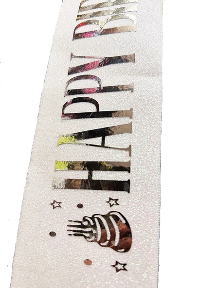 Beyaz Üzeri Gümüş Büyük Happy Birthday Yazılı Simli Işıltılı Kuşak Kemer 10 cm Genişlik - Resim 2