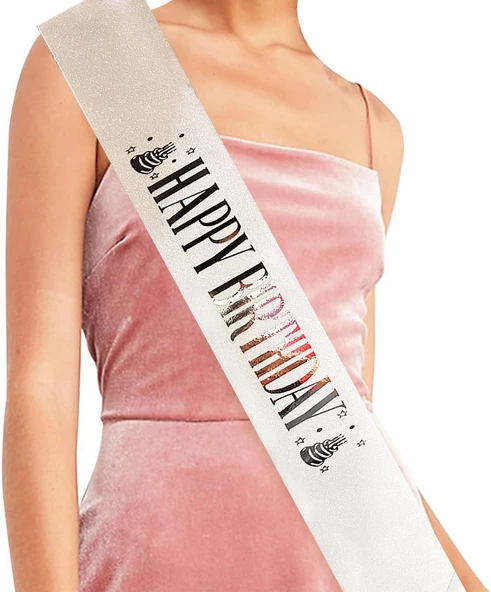 Beyaz Üzeri Gümüş Büyük Happy Birthday Yazılı Simli Işıltılı Kuşak Kemer 10 cm Genişlik ürün görseli 1