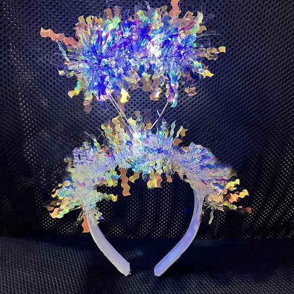 Beyaz Renk Gümüş Işıltılı Püsküllü Led Işıklı Parlak Hologramlı Taç 25x12 cm ürün görseli 1