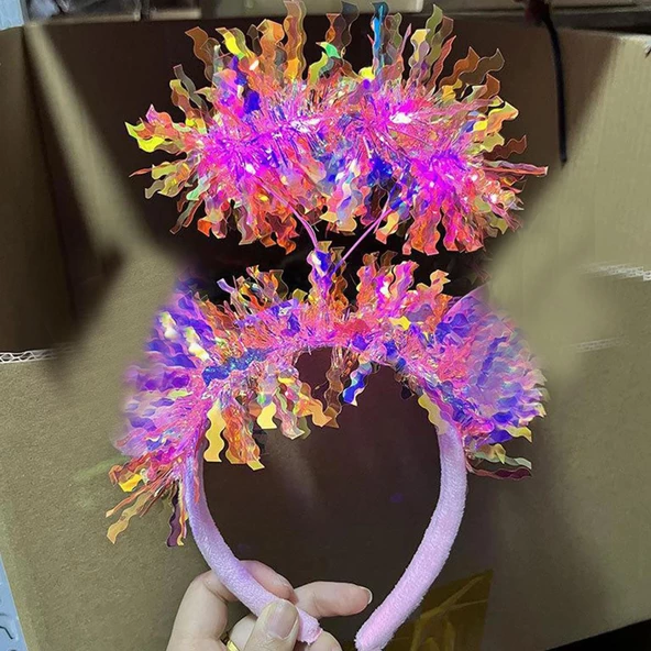 Pembe Renk Pembe Işıltılı Püsküllü Led Işıklı Parlak Hologramlı Taç 25x12 cm - Resim 2