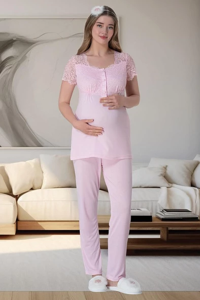 Mecit 6063 Bayan Hamile Lohusa Pembe Sabahlık Gecelik Pijama Set - 5