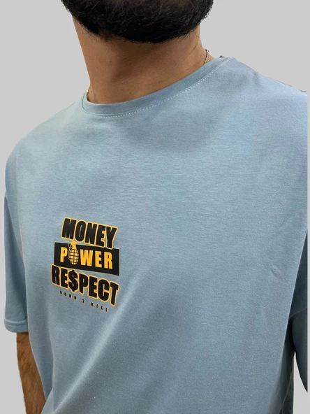 Erkek Respect Oversize Bisiklet Yaka Mavi Tişört - 6