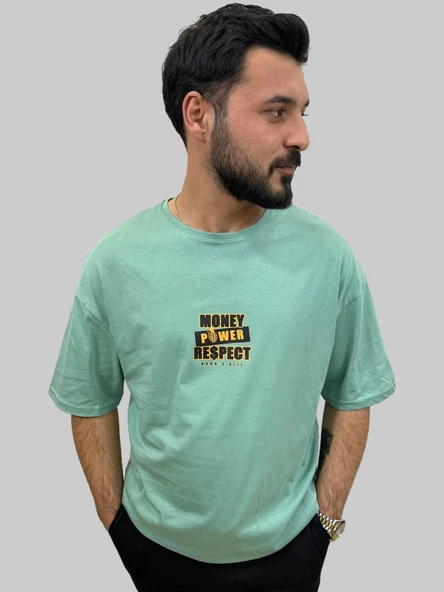 Erkek Respect Oversize Bisiklet Yaka Mint Yeşili Tişört - 4