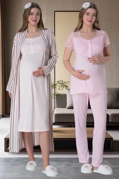Mecit 6063 Bayan Hamile Lohusa Pembe Sabahlık Gecelik Pijama Set - 2