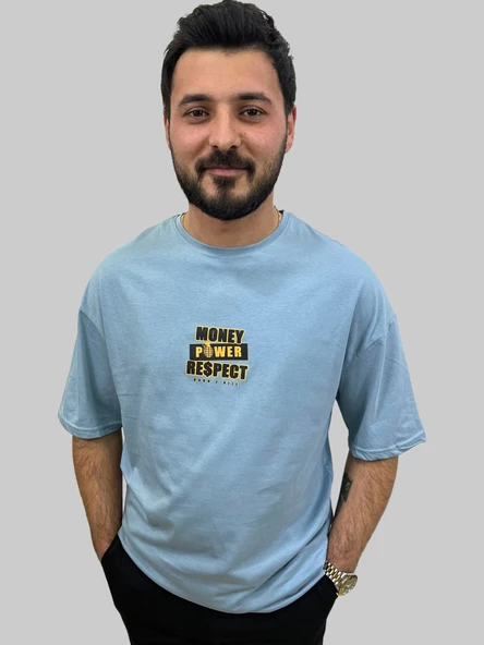 Erkek Respect Oversize Bisiklet Yaka Mavi Tişört - 1