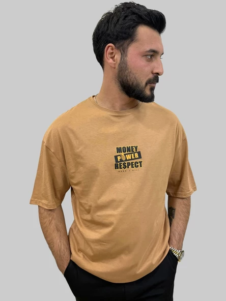 Erkek Respect Oversize Bisiklet Yaka Kahverengi Tişört - 2