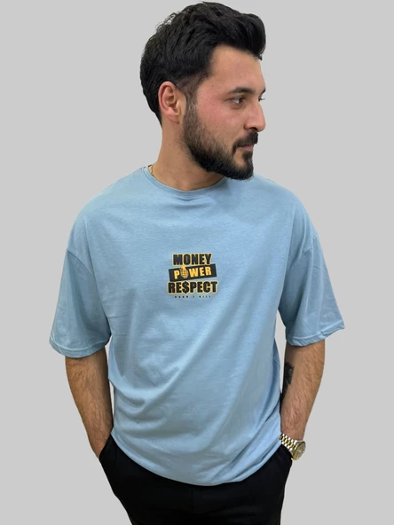 Erkek Respect Oversize Bisiklet Yaka Mavi Tişört - 3