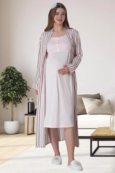 Mecit 6063 Bayan Hamile Lohusa Pembe Sabahlık Gecelik Pijama Set - 3