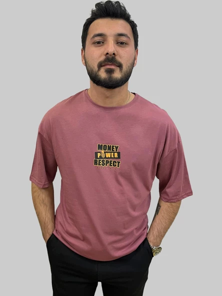Erkek Respect Oversize Bisiklet Yaka Gül Kurusu Tişört