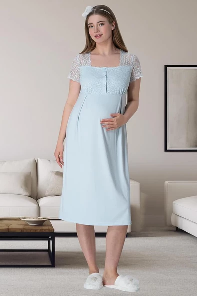 Mecit 6063 Bayan Hamile Lohusa Mavi Sabahlık Gecelik Pijama Set - Resim 4