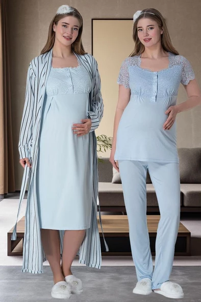 Mecit 6063 Bayan Hamile Lohusa Mavi Sabahlık Gecelik Pijama Set - Resim 2