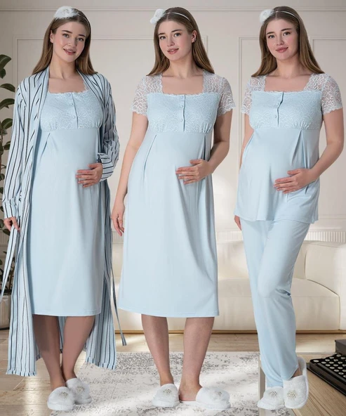 Mecit 6063 Bayan Hamile Lohusa Mavi Sabahlık Gecelik Pijama Set