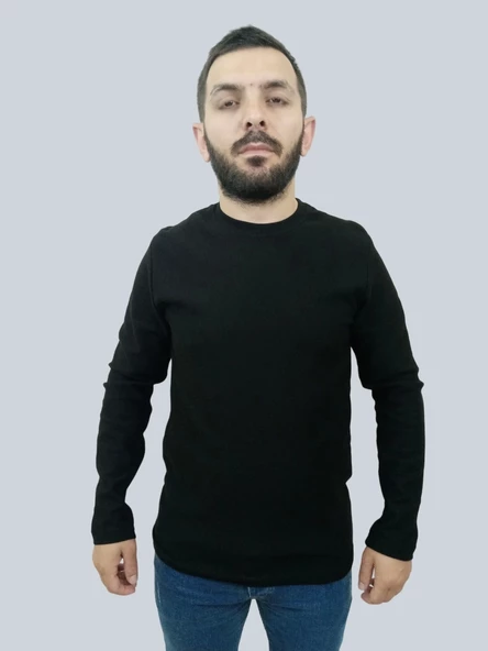 Erkek Waffle Uzun Kol Siyah Sweatshirt