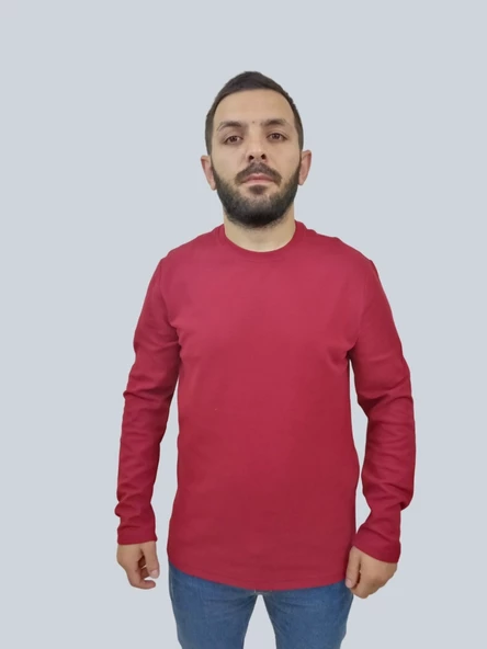 Erkek Waffle Uzun Kol Kırmızı Sweatshirt