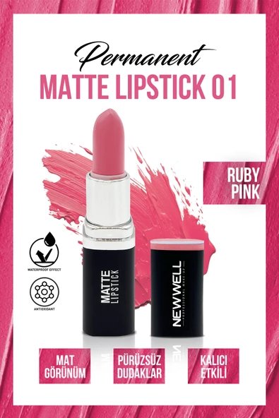 Permanent Matte Lipstick 01Ruby Pink  Uzun Süre Kalıcı