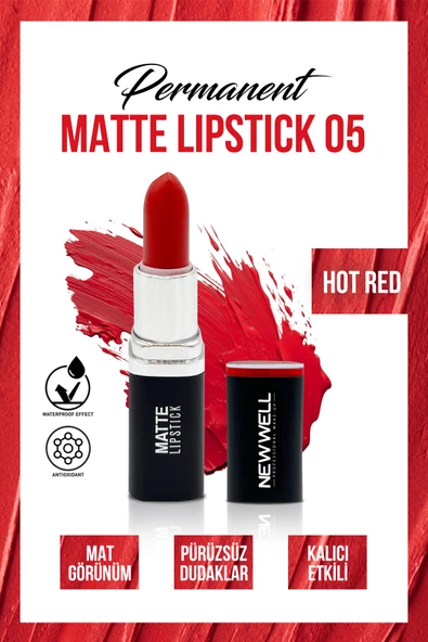 Permanent Matte Lipstick 05 Hot Red  Uzun Süre Kalıcı