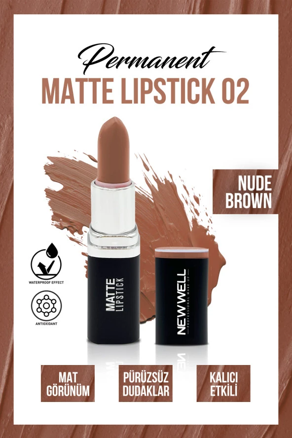 Permanent Matte Lipstick 02 Nude Brown  Uzun Süre Kalıcı