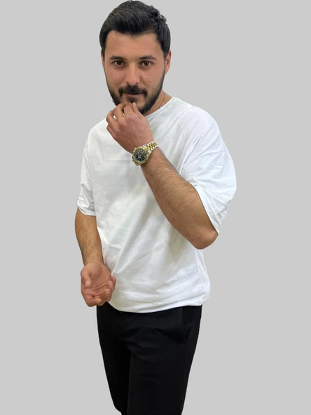 Erkek Plain Oversize Bisiklet Yaka Beyaz Tişört - 2