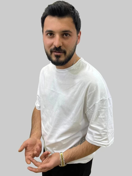Erkek Plain Oversize Bisiklet Yaka Beyaz Tişört - 3