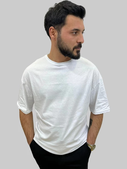 Erkek Plain Oversize Bisiklet Yaka Beyaz Tişört - 5