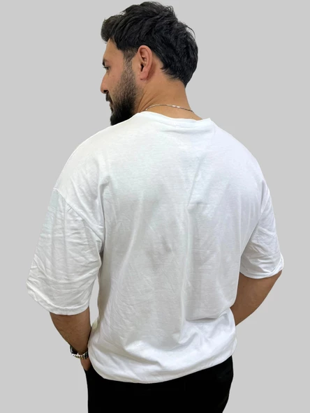 Erkek Plain Oversize Bisiklet Yaka Beyaz Tişört - 4