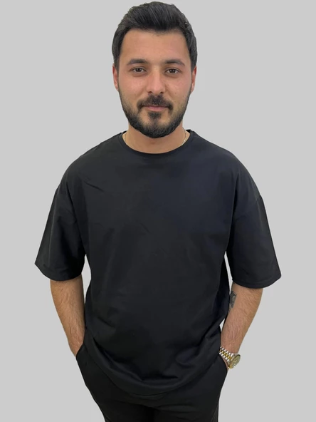 Erkek Plain Oversize Bisiklet Yaka Siyah Tişört - 2