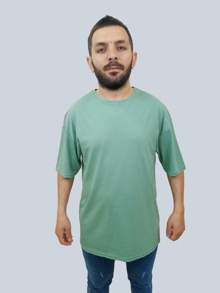 Erkek Plain Oversize Bisiklet Yaka Mint Yeşili Tişört