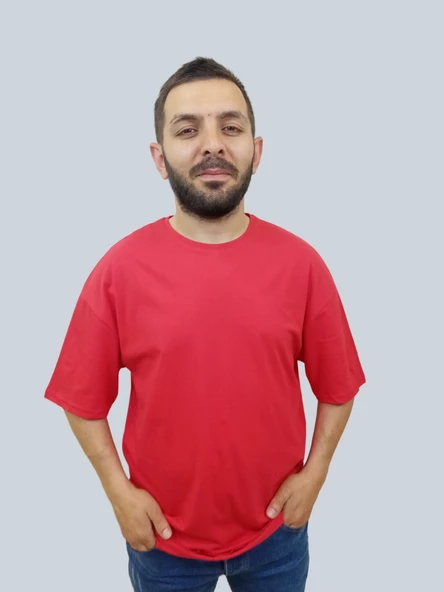 Erkek Plain Oversize Bisiklet Yaka Kırmızı Tişört