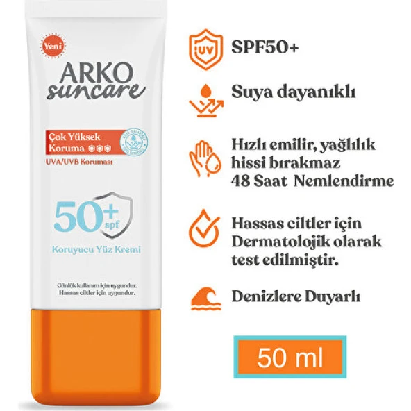 Arko Suncare SPF 50+ Çok Yüksek Korumalı Yüz Güneş Kremi 50 ml