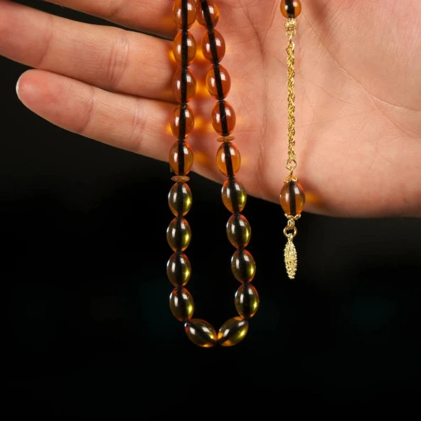 Sarı Ateş Kehribar 925 Ayar Sarı Gümüş Püsküllü Tesbih - Resim 2