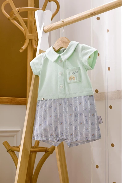 Babyhola %100 Pamuk Bisiklet Nakışlı Erkek Kız Bebek Şort Yazlık Bayramlık Tulum 13654 - 4