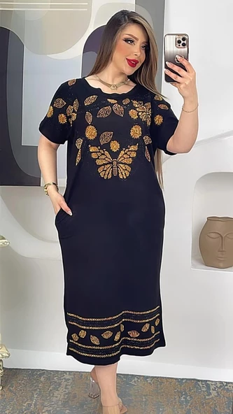 Kelebek Detaylı Crystal Taşlı Elbise - SİYAH