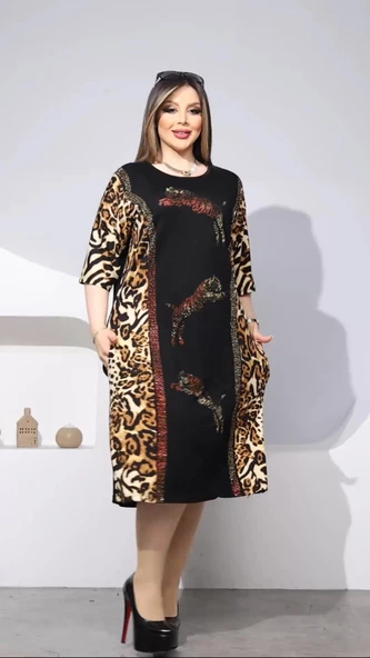 Leopar Tunik Büyük Beden Crystal Taşlı Elbise - SİYAH - 3