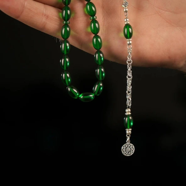 925 Ayar Gümüş Püsküllü Ateş Kehribar Tesbih - Resim 2