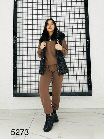 Kapşonlu Önden Düğmeli Şişme Yelekli Crystal Taşlı Üçlü Takım - KAHVE ürün görseli