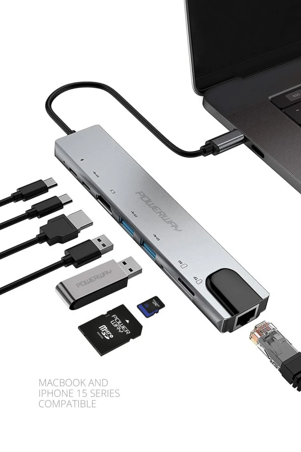 Powerway Type-C Hub Dönüştürücü Hdmi Usb Micro Sd Çevirici 8 Girişli Çoğaltıcı Universal Uyumluluk