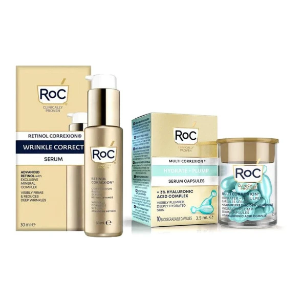 Roc Retinol Correxion Kırışıklık Karşıtı Serum 30ML + Nem ve Canlılık Veren Kapsül Serum 10 Kapsül 2li Yüz Bakım Seti