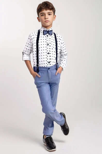 Erkek Çocuk Desenli Gömlek, Papyon ve Askılı Gök Mavisi Pantolon Alt Üst Takım ürün görseli