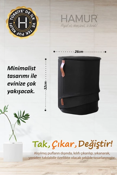 Yıkanabilir Puf Tabure Kılıfı Tak-Çıkar-Değiştir-Yenile Orta Sehpa Kılıfı Kc Meek Siyah - 5