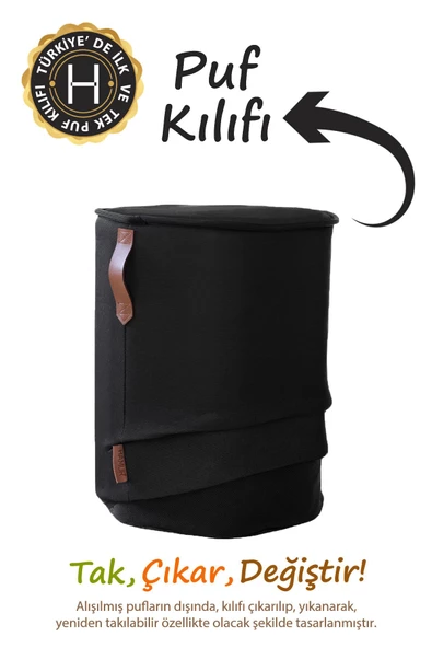 Yıkanabilir Puf Tabure Kılıfı Tak-Çıkar-Değiştir-Yenile Orta Sehpa Kılıfı Kc Meek Siyah