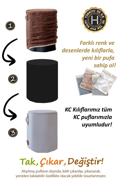 Yıkanabilir Puf Tabure Kılıfı Tak-Çıkar-Değiştir-Yenile Orta Sehpa Kılıfı Kc Meek Siyah - 2