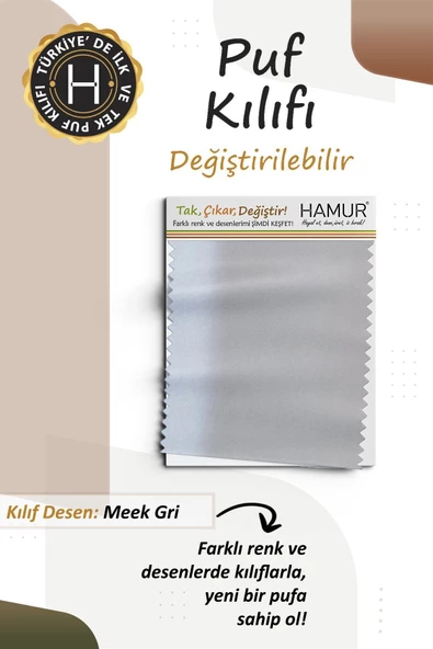 Yıkanabilir Puf Tabure Kılıfı Tak-Çıkar-Değiştir-Yenile Orta Sehpa Kılıfı Kc Meek Gri - 3