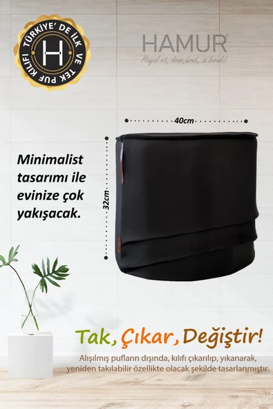 Yıkanabilir Puf Tabure Kılıfı Tak-Çıkar-Değiştir-Yenile Orta Sehpa Kılıfı By Meek Siyah - 5